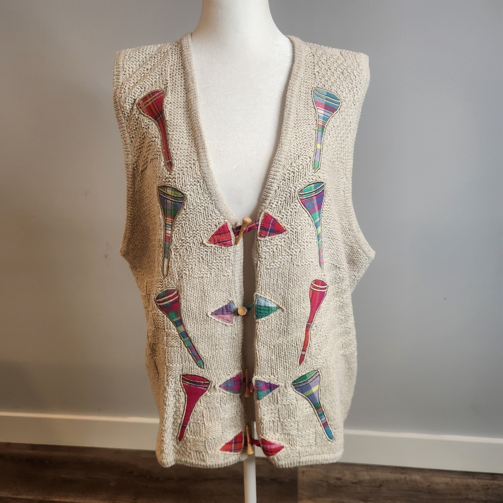 PBJ Sport Sweater Vest Women XL Beige Excellent Golf Tee Toggle Knit Vintage